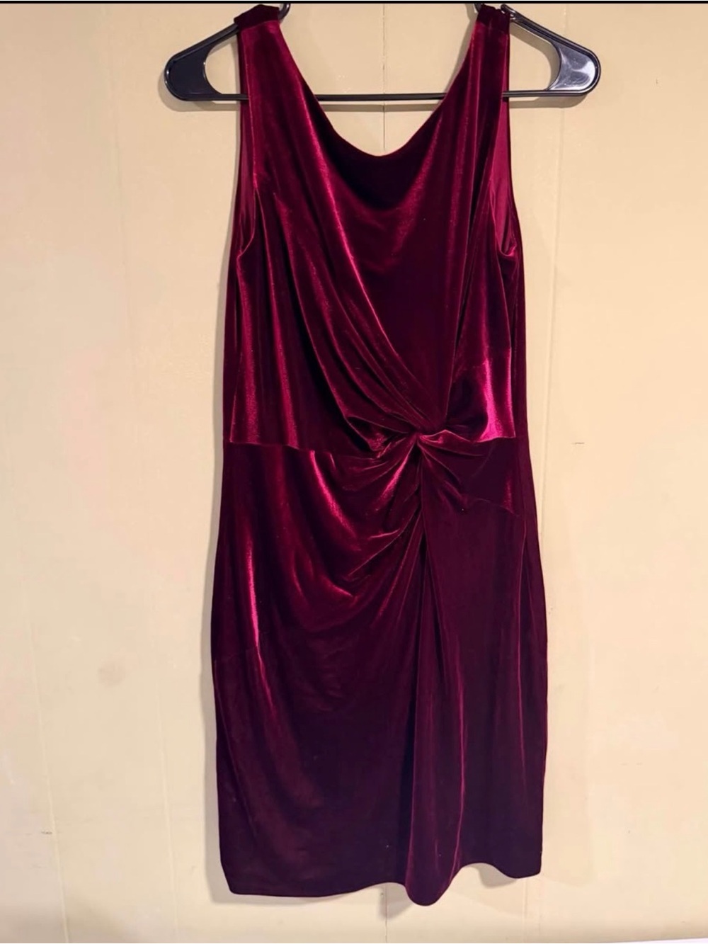 Calvin Klein Sleeveless Velvet Twist-Front Midi Dress in Burgundy